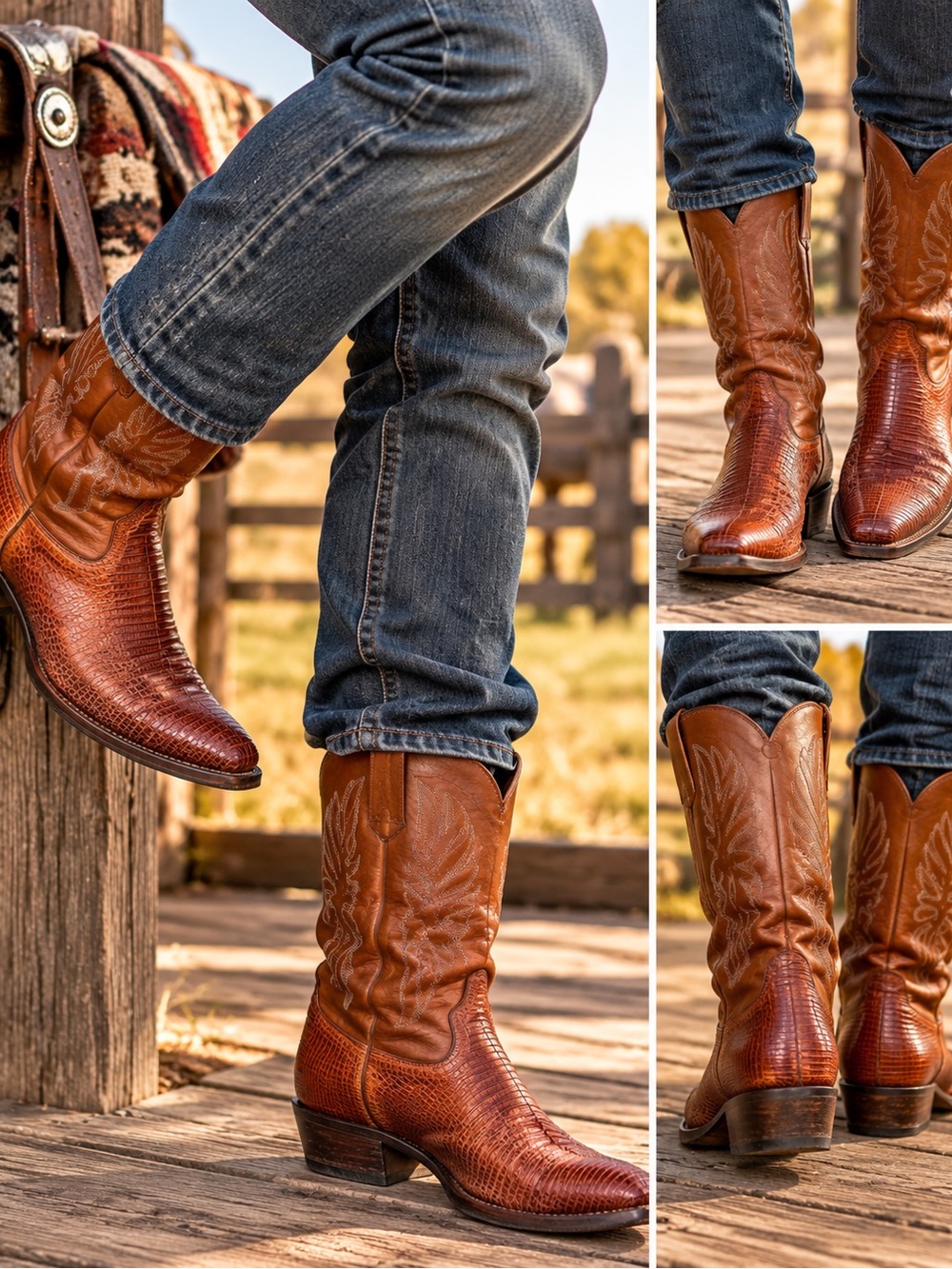 Vintage Nocona Exotic Lizard Teju Leather Cowboy Boots Mens Brown Western USA